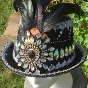 Black and iridescent gems fedora hat, fancy dress, glam, sparkly, jazz dance, show hat, festival hat, feather hat