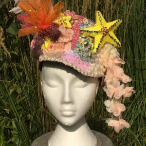 Festival Captain Hat, coral reef, bespoke piece by carnival designer, sequin, feathers, diamanté, pearls