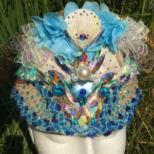 Festival Captain Hat, Marine theme, natural shells, gold and blue, mermaid, fancy dress, birthday party.